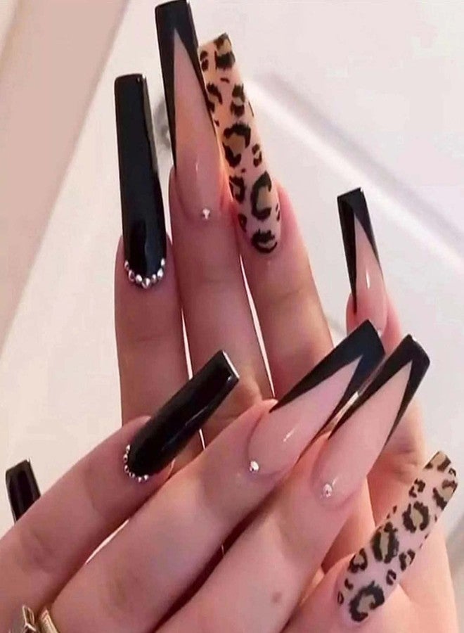 Hkanlre أظافر صناعية طويلة على شكل تابوت من Hkanlre، أظافر فرنسية لامعة، أظافر أكريليك كاملة التغطية بنقشة جلد النمر، أظافر صناعية مرصعة بأحجار الراين للنساء والفتيات، 24 قطعة - Image 1